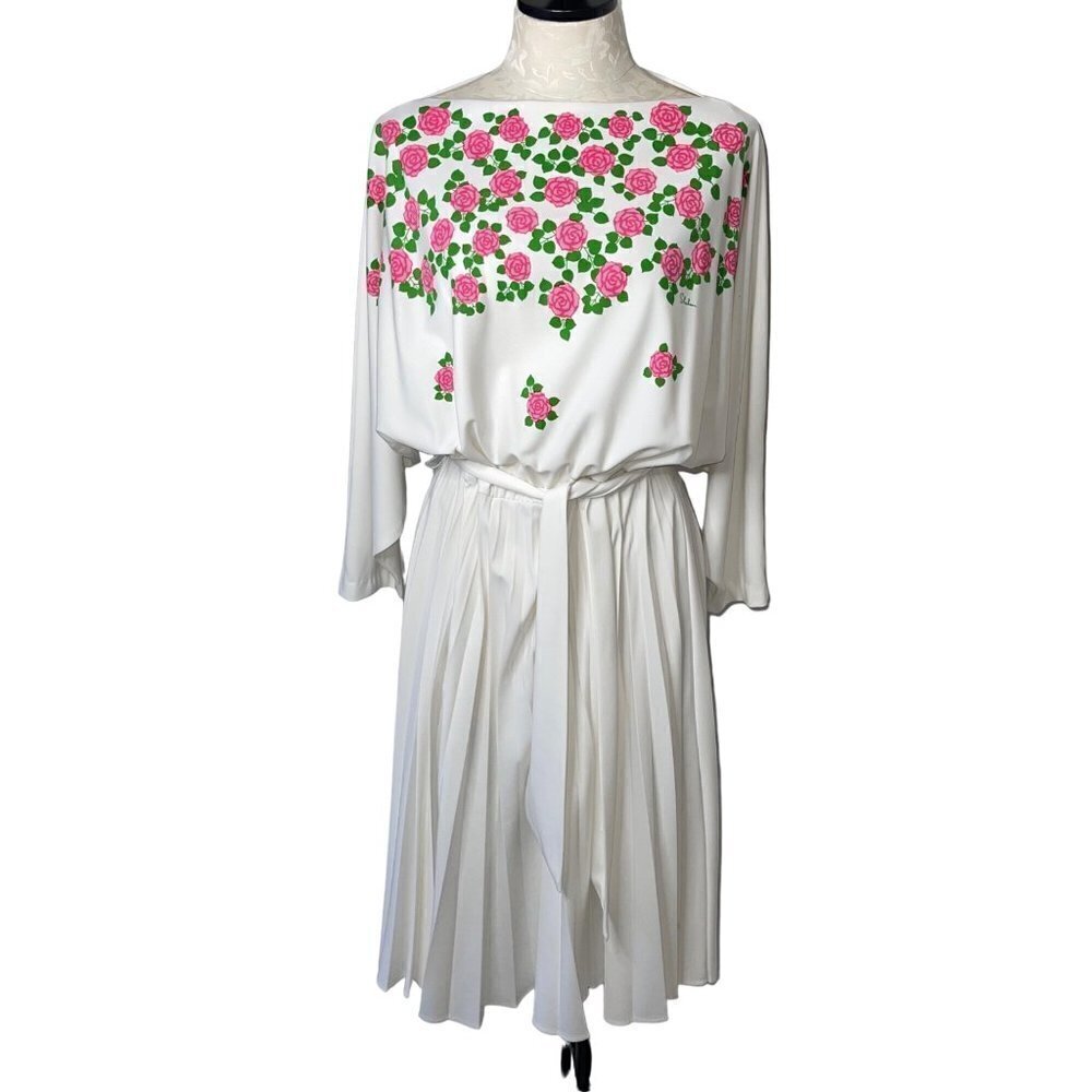 Alfred Shaheen Vintage Womens Midi Dress Size Large White Rose Print Belted